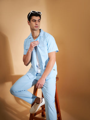 DENNISON Men Sky Blue Coord Set | Solid Shirt With Straight Fit Pant