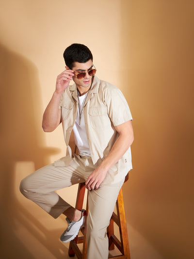 DENNISON Men Beige Coord Set | Solid Shirt With Straight Fit Pant