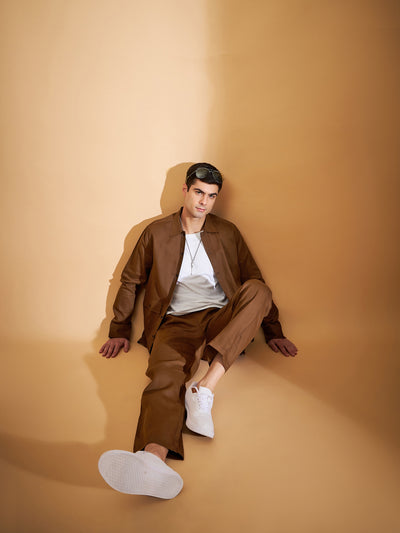 DENNISON Men Brown Coord Set | Solid Shirt With Straight Fit Pant