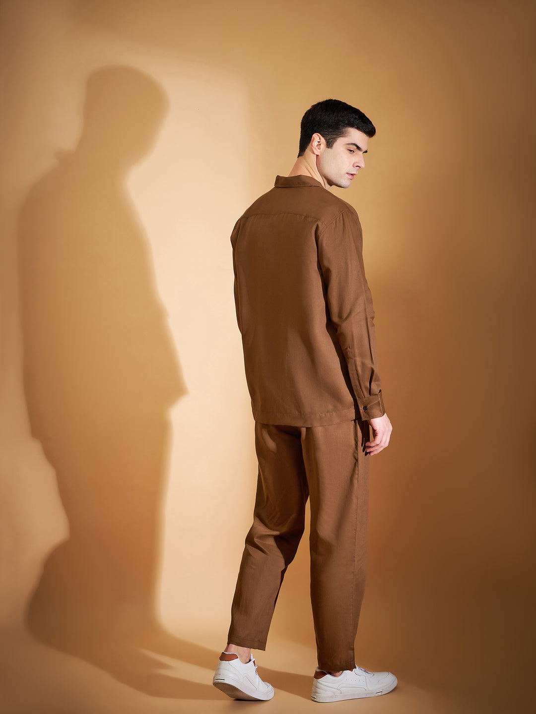 DENNISON Men Brown Coord Set | Solid Shirt With Straight Fit Pant
