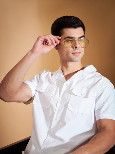 DENNISON Men White Coord Set | Solid Shirt With Straight Fit Pant