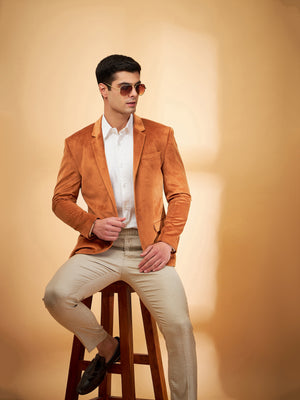 DENNISON Men Rust Single-Breasted Velvet Blazer
