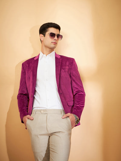 DENNISON Men Maroon Single-Breasted Velvet Blazer