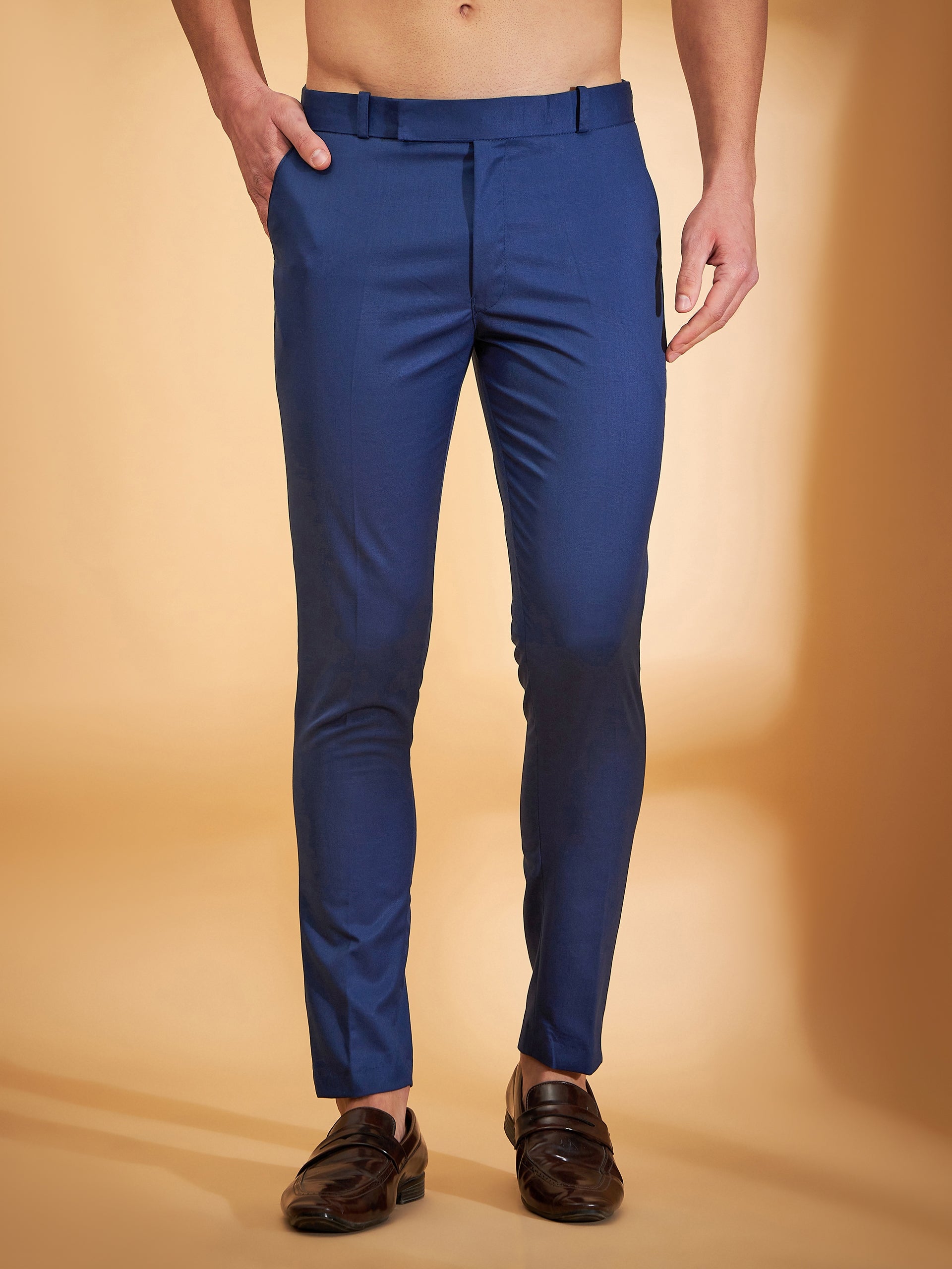 Men Navy Blue Comfort Tapered Fit Regular Wrinkle Free Trousers