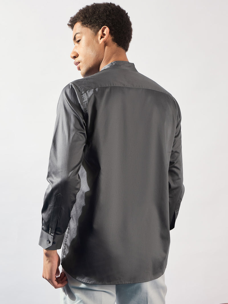 Grey Mandarin Collar Casual Shirt