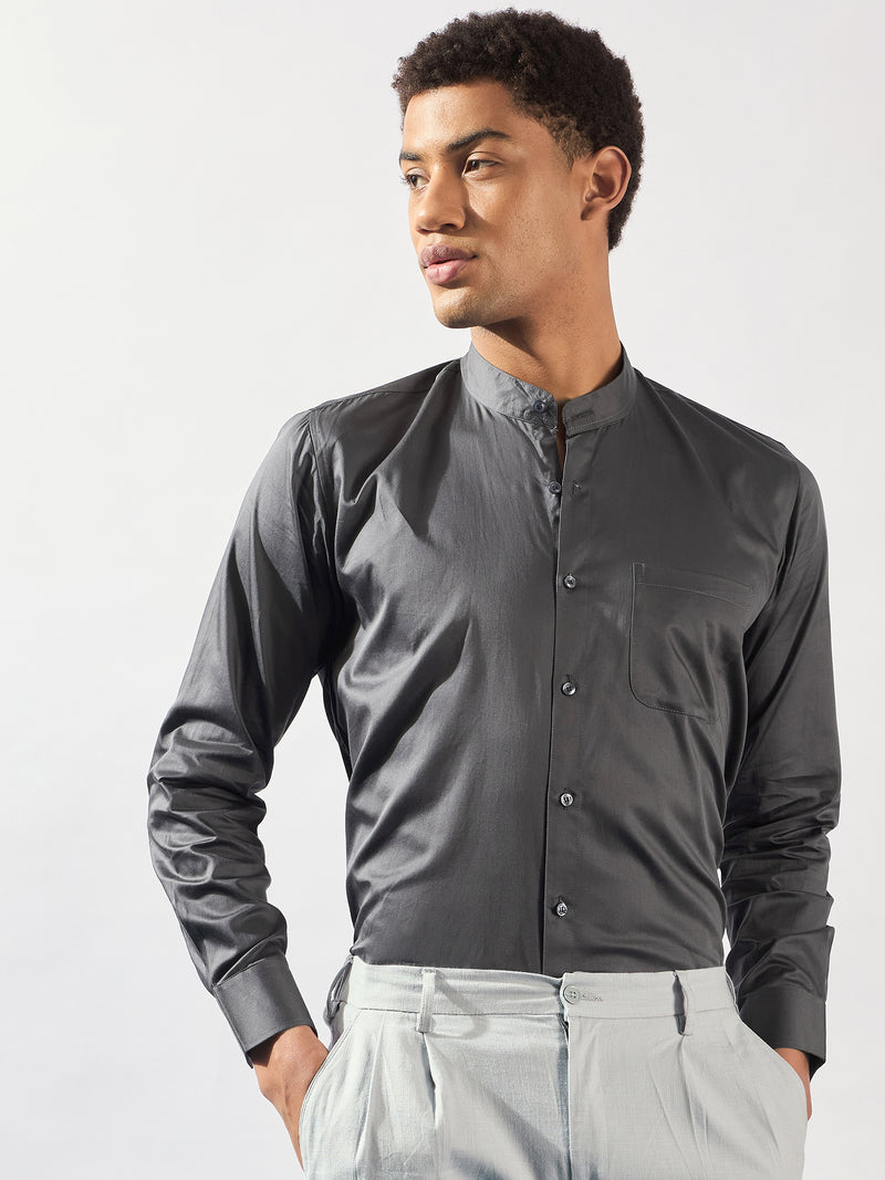 Grey Mandarin Collar Casual Shirt