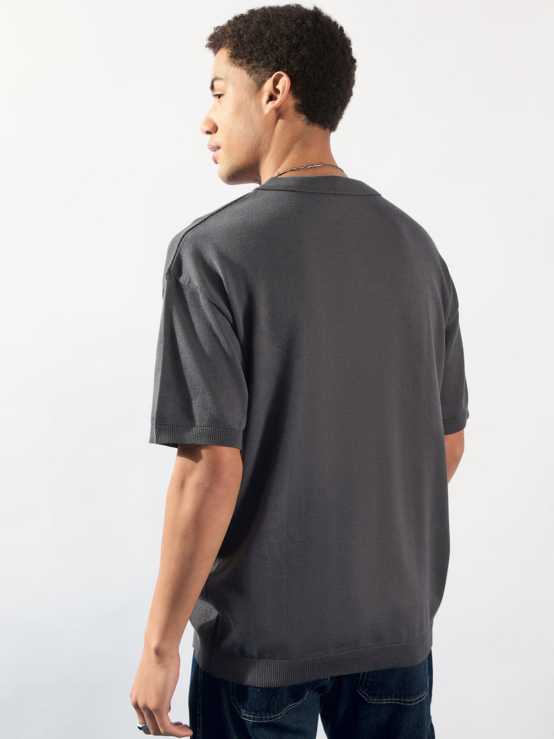 Charcoal Grey: Relaxed Semi Sheer Polo T-Shirt