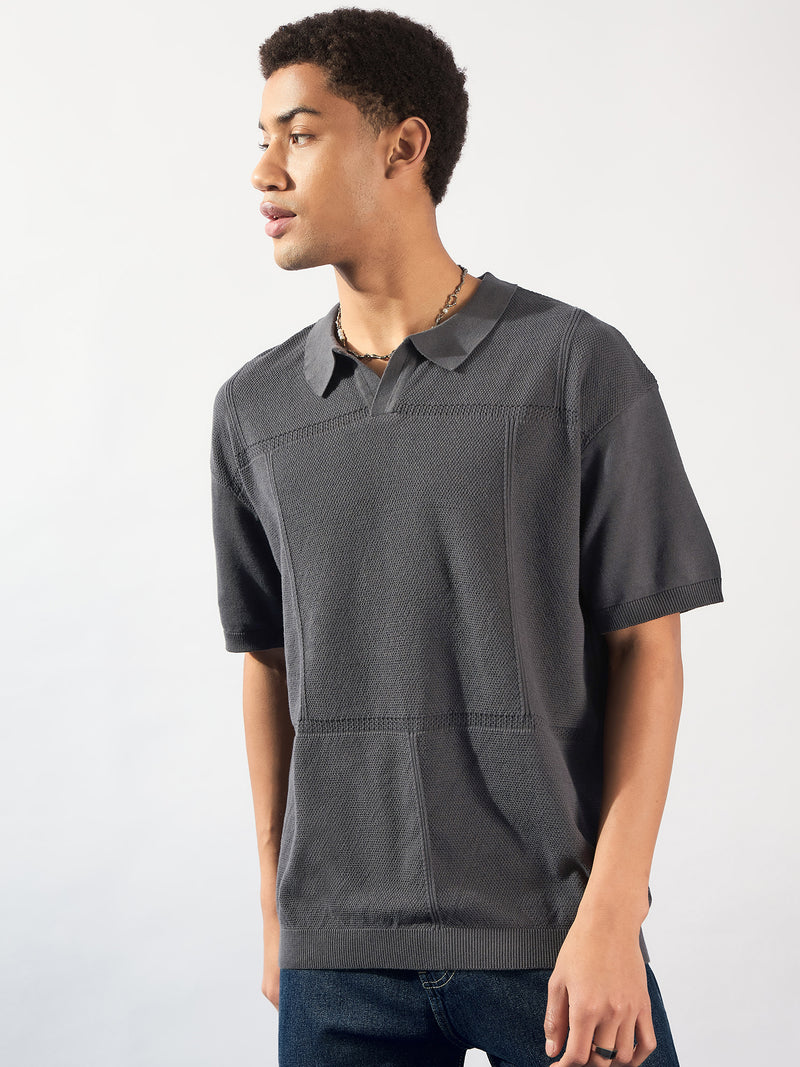 Charcoal Grey: Relaxed Semi Sheer Polo T-Shirt