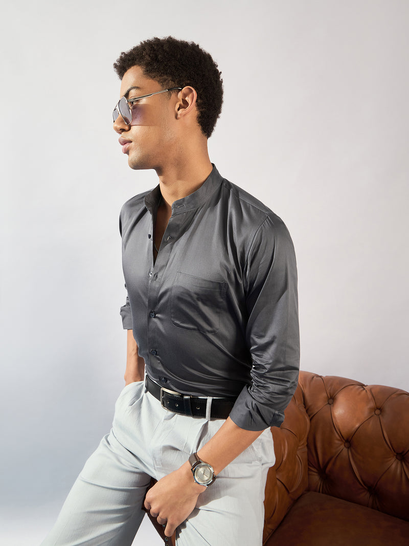 Grey Mandarin Collar Casual Shirt