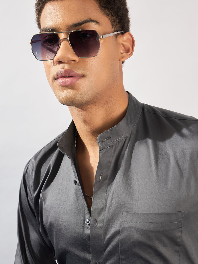 Grey Mandarin Collar Casual Shirt