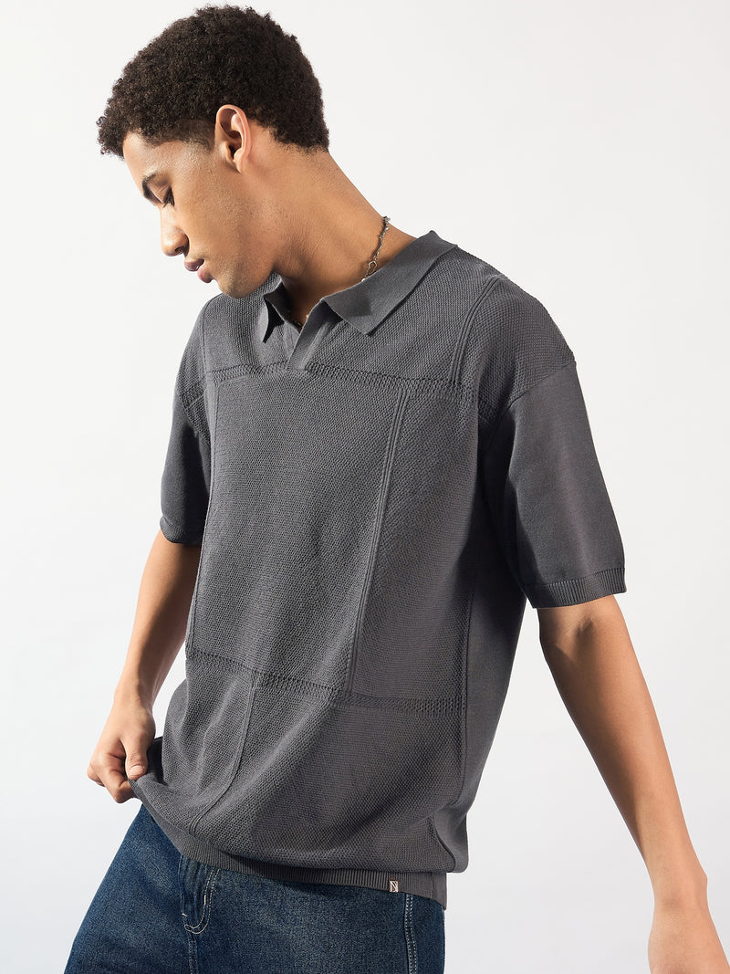 Charcoal Grey: Relaxed Semi Sheer Polo T-Shirt