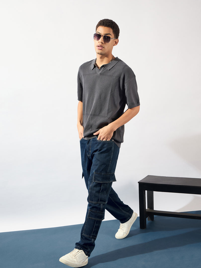 Charcoal Grey: Relaxed Semi Sheer Polo T-Shirt