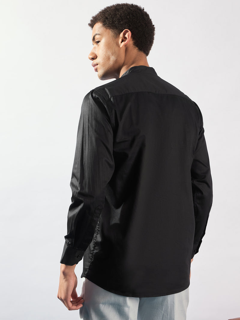 Black Mandarin Collar Cotton Casual Shirt