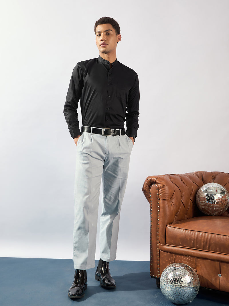 Black Mandarin Collar Cotton Casual Shirt