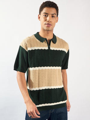Green and Beige: Relaxed Zipped Polo T-Shirt