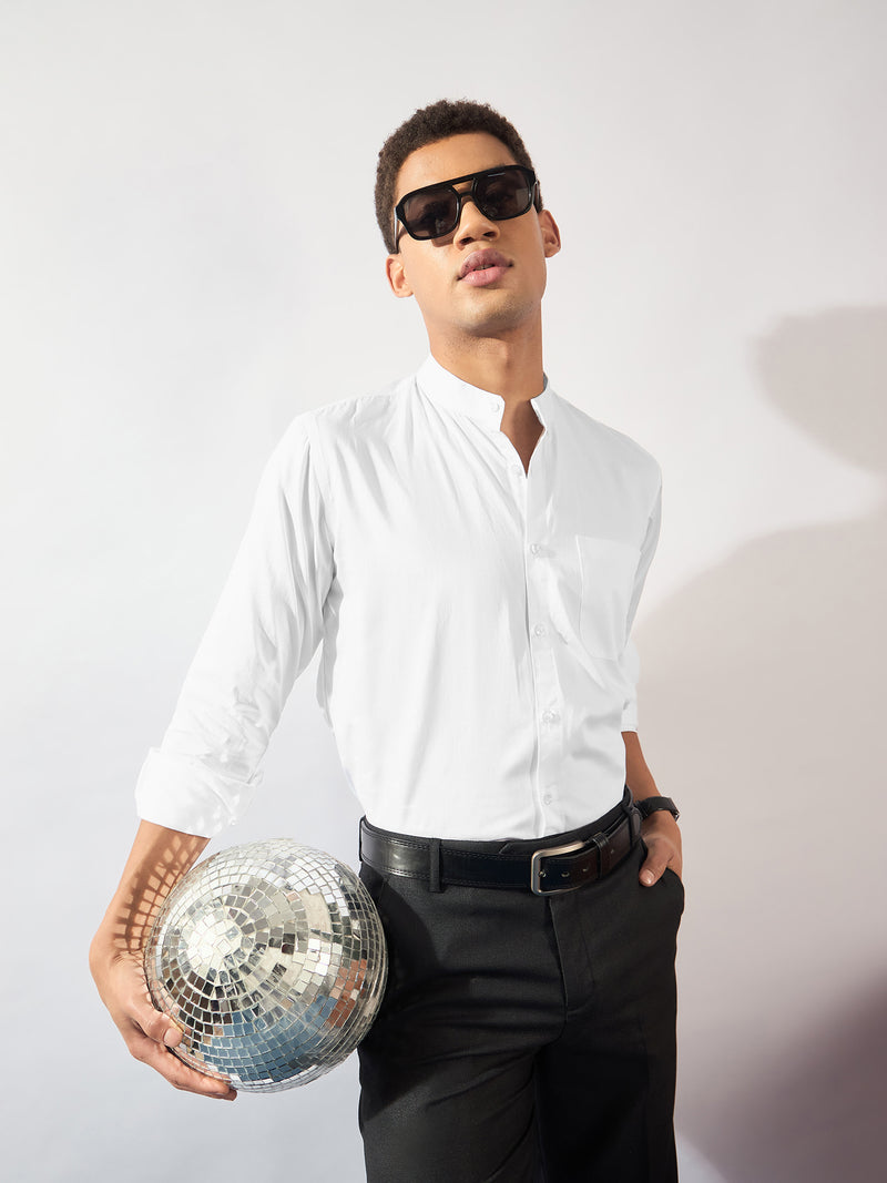 Mandarin Collar White Casual Shirt