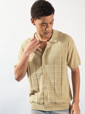 Beige: Textured Front Open Knit Shirt