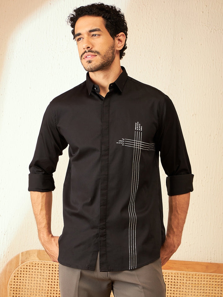 DENNISON Men Black Spread Collar Smart Opaque Party Shirt