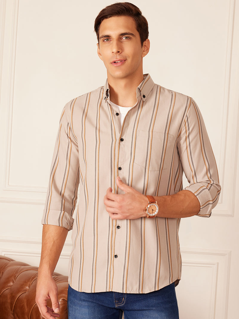 Beige: Full Sleeve Button-Down Collar Striped Shirt