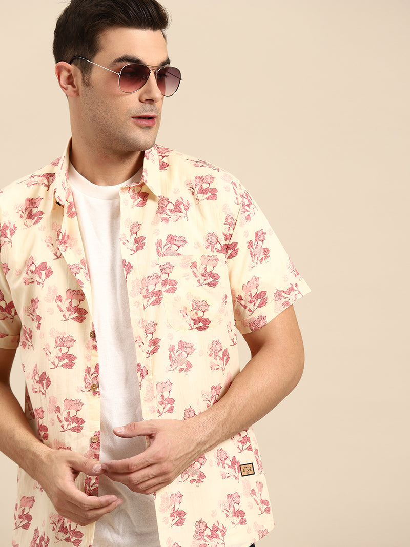 Peach: Half Sleeves Block Printed Shirt