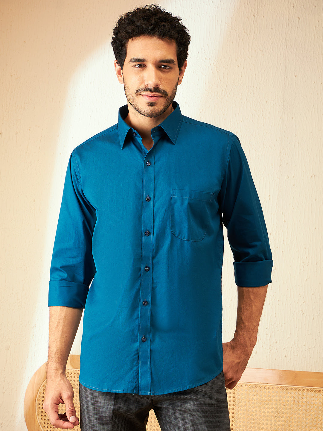 DENNISON Turquoise Blue Smart Spread Collar Cotton Formal Shirt