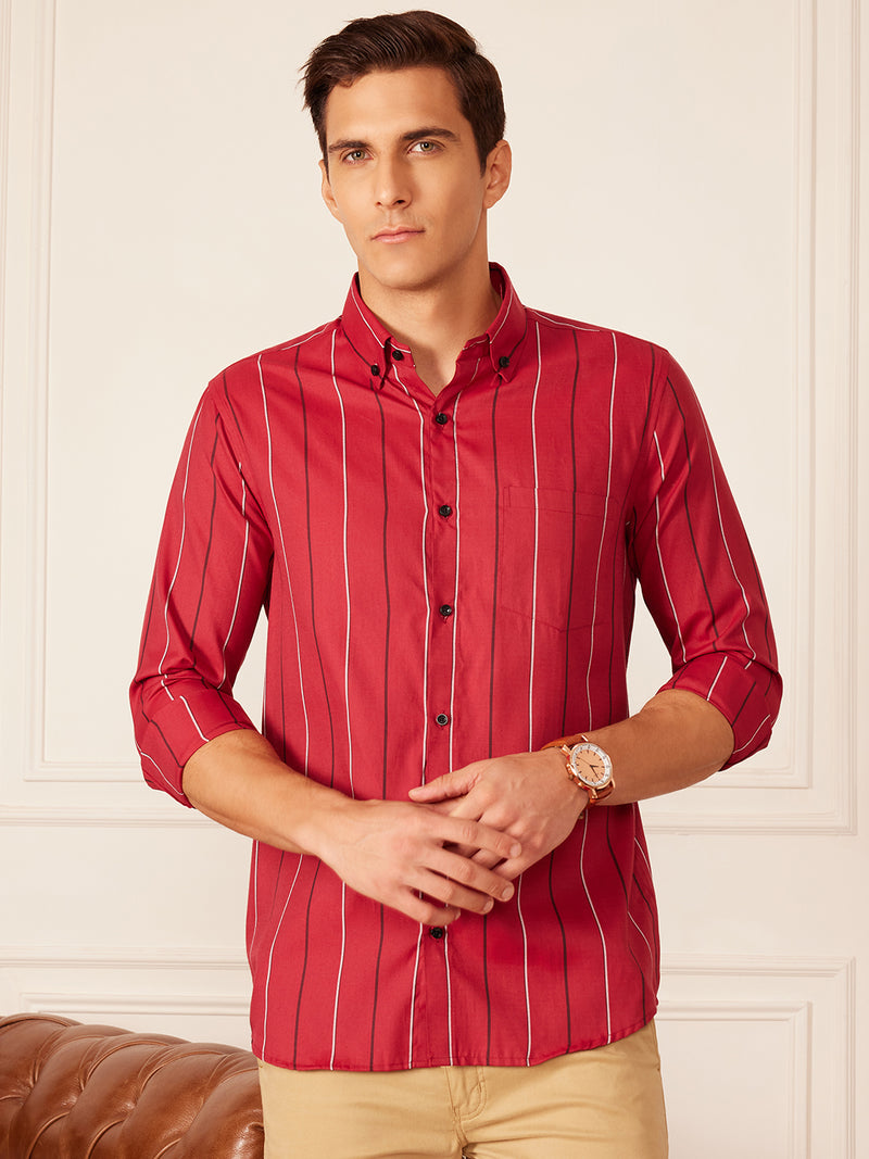 Red: Full Sleeve Button-Down Collar Striped Shirt