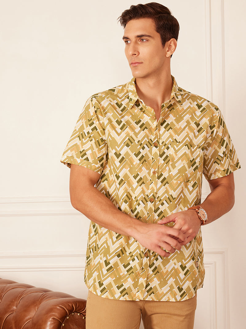 Beige: Half Sleeves Abstract Printed Shirt