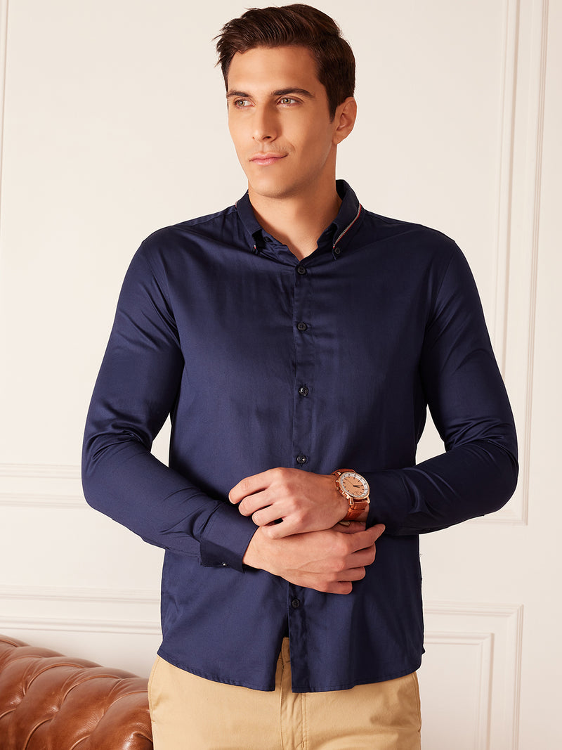 Navy Blue: Full Sleeves Tape On Collar Formal Shirt