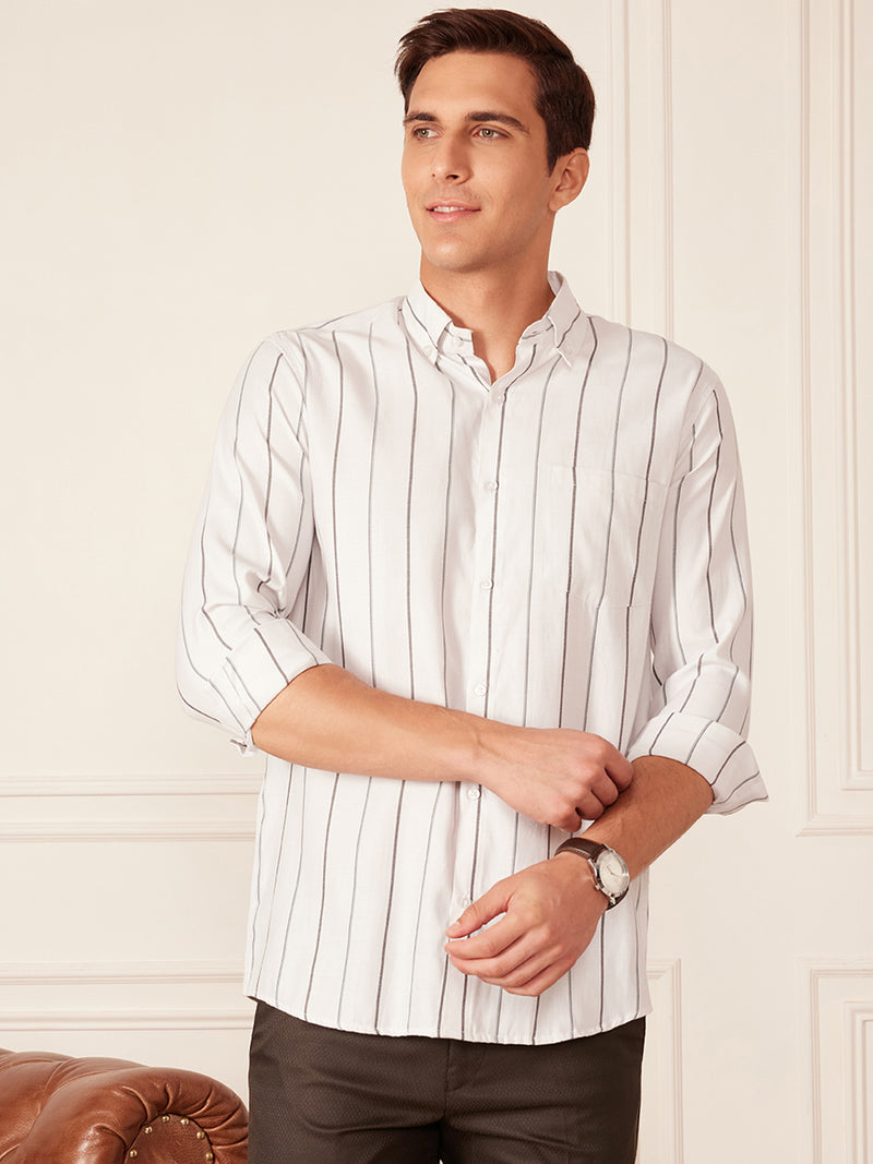 White & Grey: Full Sleeve Button-Down Collar Striped Shirt