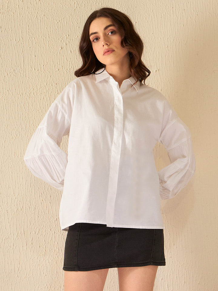 DENNISON White Smart Opaque Puff Sleeves Casual Shirt