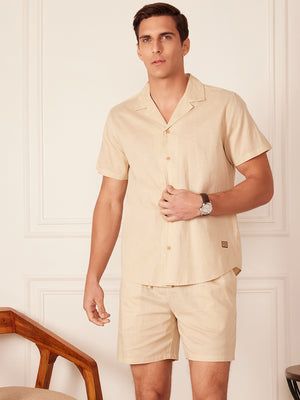 Dennison Solid Cuban Collar Comfort Fit Shirt With Shorts Co-ords