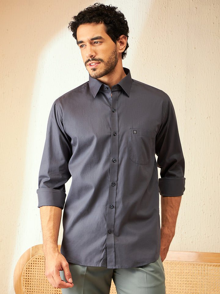 DENNISON Steel Grey Smart Spread Collar Cotton Formal Shirt