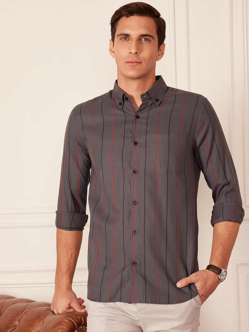 Grey: Full Sleeve Button-Down Collar Striped Shirt