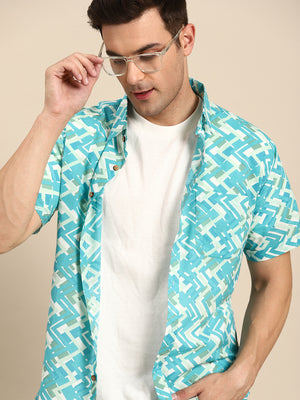 Blue: Half Sleeves Block Printed Shirt