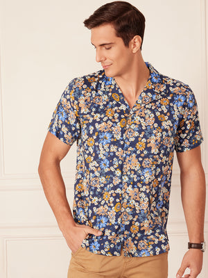 DENNISON Dennison Navy Blue and Beige Color Cuban Collar Shirt