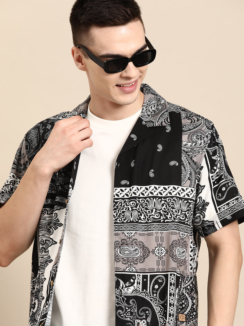 White & Black: Half Sleeves Block Printed Shirt