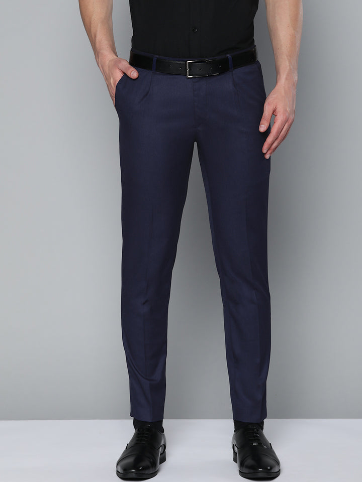 DENNISON Men Navy Blue Solid Smart Tapered Fit Easy Wash Pleated Cotton Formal Trousers