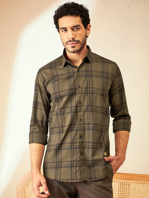 DENNISON Olive Smart Tartan Checks Checked Casual Shirt