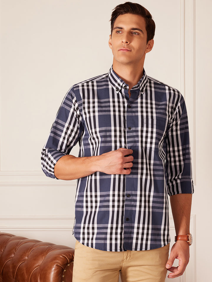 DENNISON Smart Tartan Checked Button-Down Collar Cotton Casual Shirt