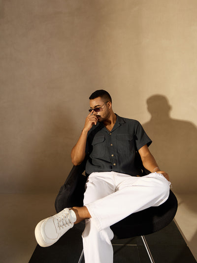 Grey:  Half Sleeves Muslin Double Gauze Resort Shirt