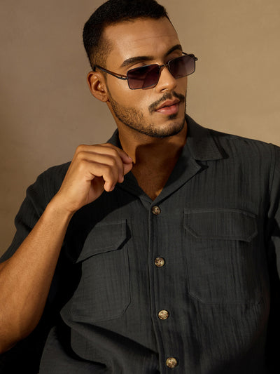 Grey:  Half Sleeves Muslin Double Gauze Resort Shirt