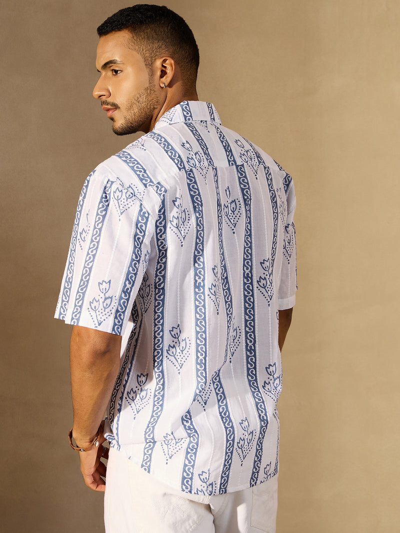 White Border Printed Drop Shoulder Oversized Shirt