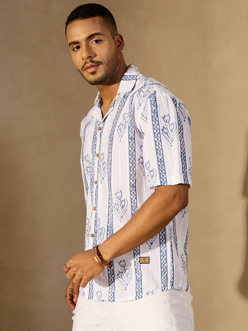 White Border Printed Drop Shoulder Oversized Shirt