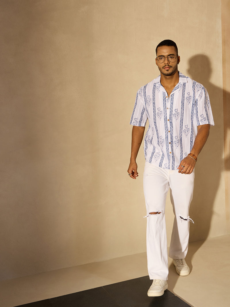 White Border Printed Drop Shoulder Oversized Shirt