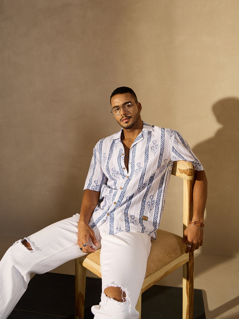 White Border Printed Drop Shoulder Oversized Shirt