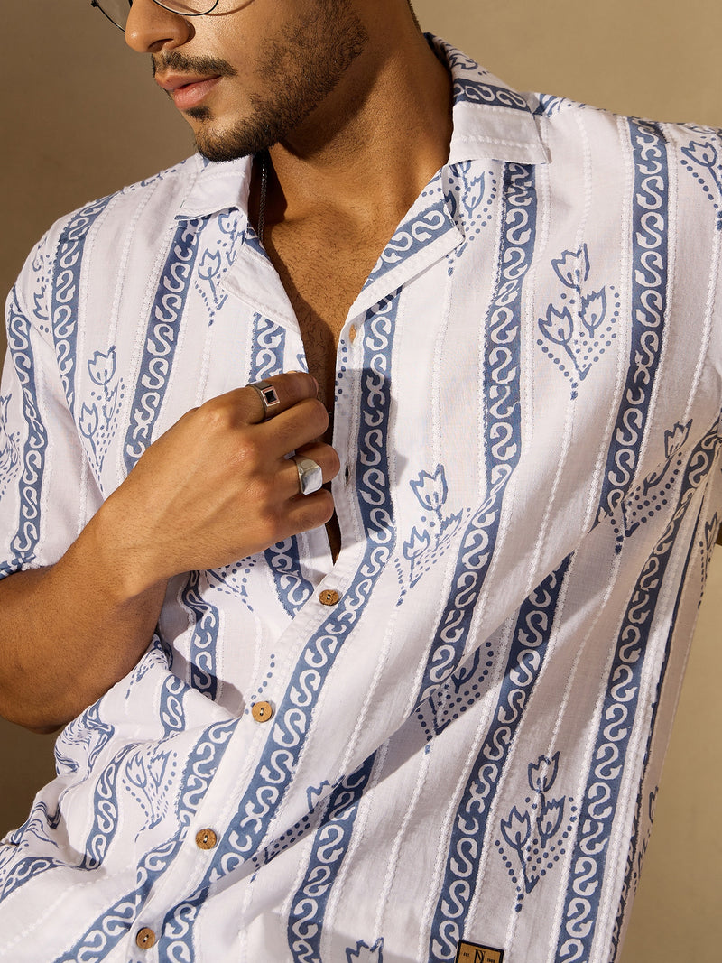 White Border Printed Drop Shoulder Oversized Shirt