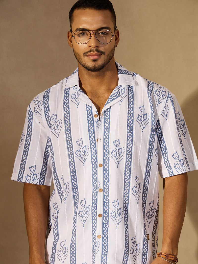 White Border Printed Drop Shoulder Oversized Shirt