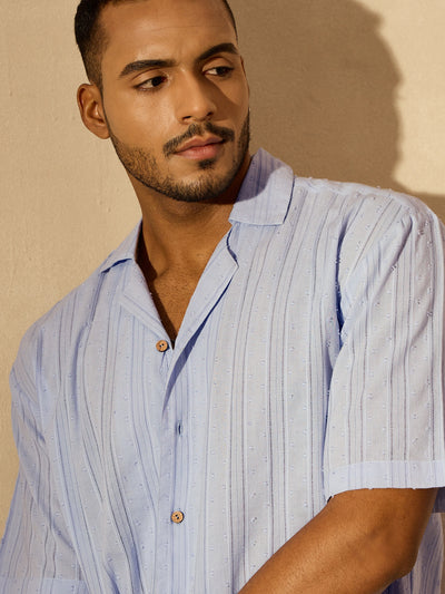 Sky Blue: Half Sleeves Semi Sheer Oversized Striped Shirt