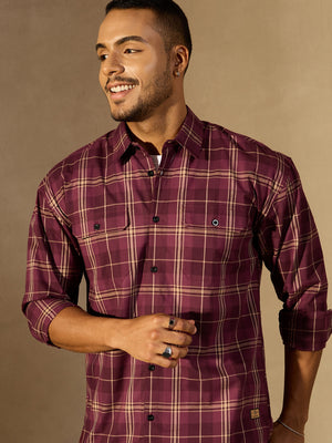 Maroon & Yellow: Full Sleeves Checked Shirt