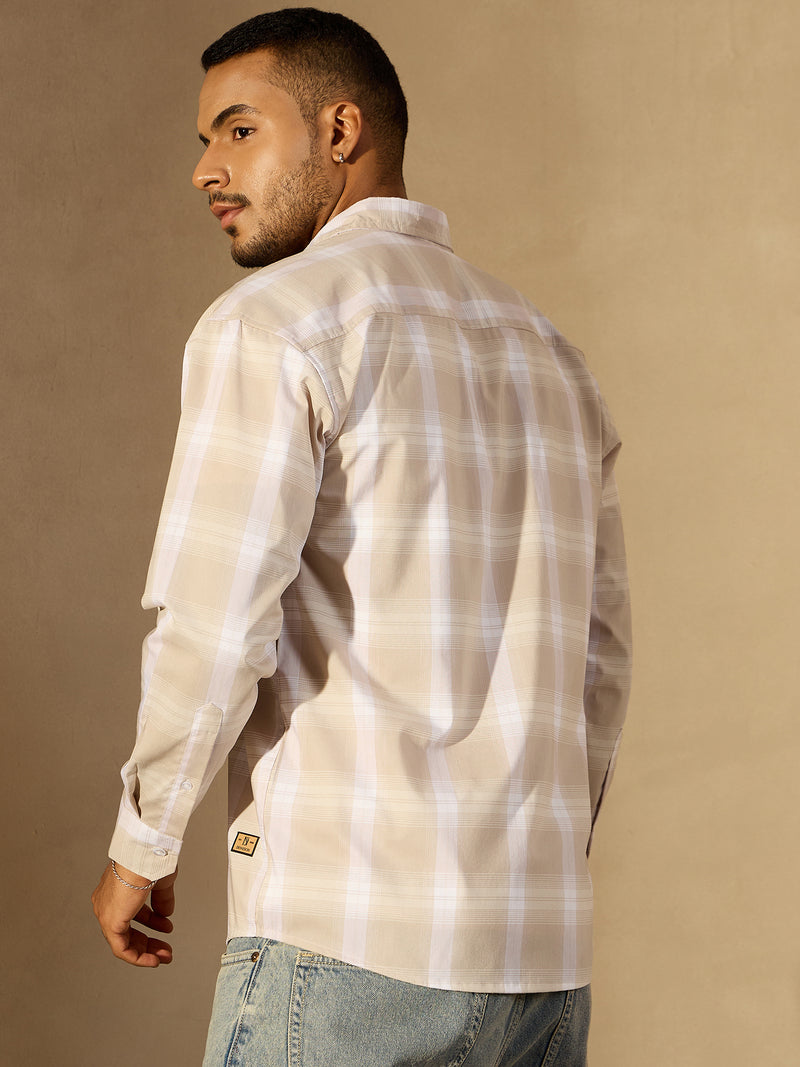 Beige: Full Sleeves Checked Casual Shirt